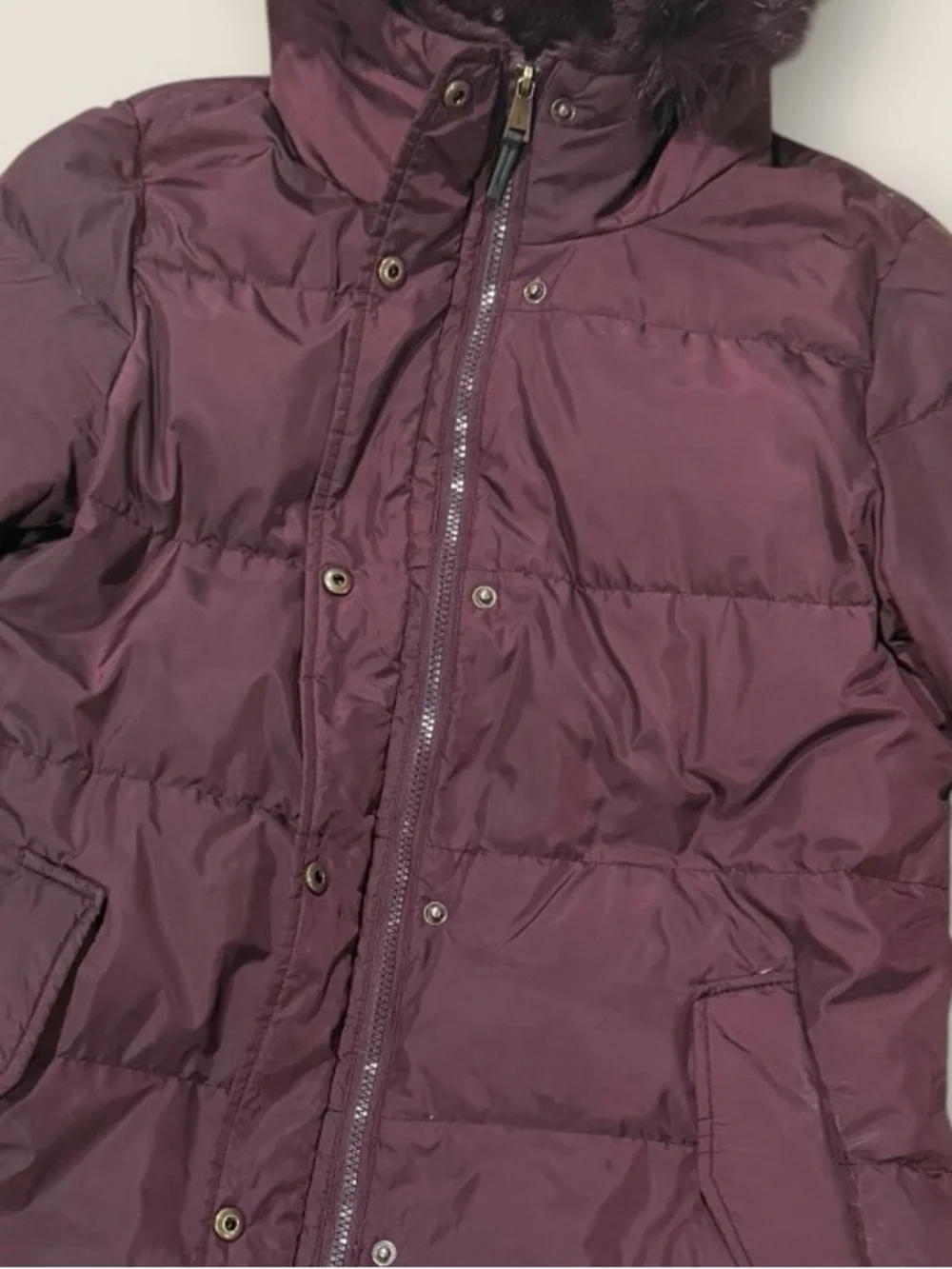 Ralph Lauren Deep Plum Long Puffer Coat with Faux Fur Hood Medium